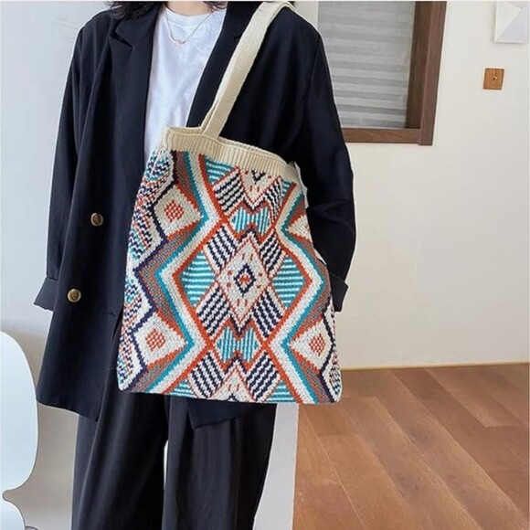 Handbags - Bohemian knit tribal handbag Tote Bag turquoise coral cream